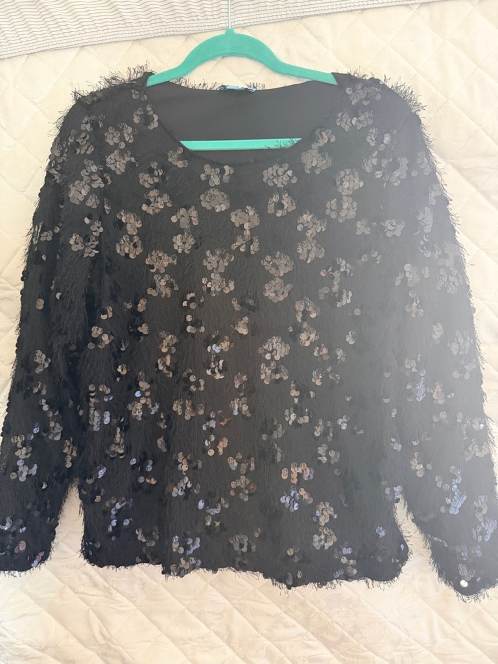 CeCe Black Sequin Fringe Long Sleeve Top